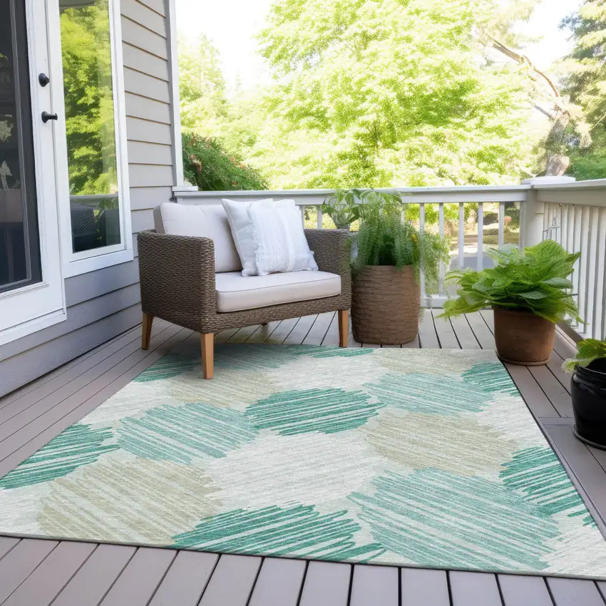 Teal Blue Ivory And Taupe Geometric Washable Indoor Outdoor Area Rug Photo 7