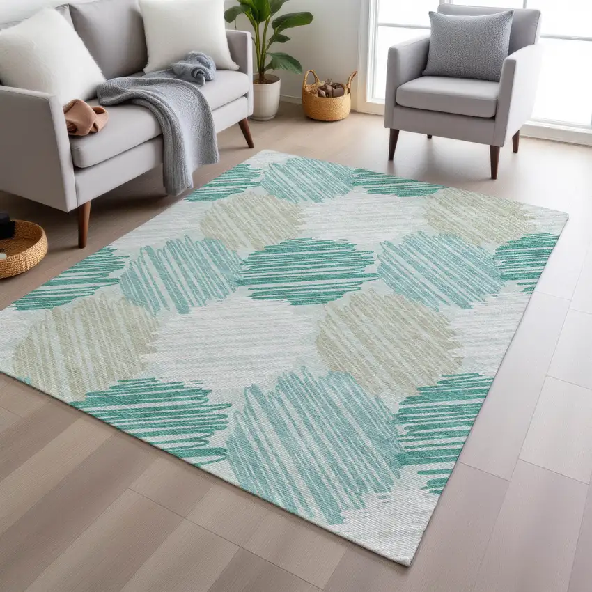 Teal Blue Ivory And Taupe Geometric Washable Indoor Outdoor Area Rug Photo 6