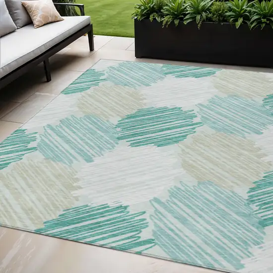 Teal Blue Ivory And Taupe Geometric Washable Indoor Outdoor Area Rug Photo 2