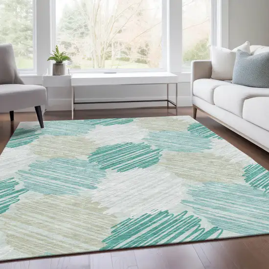 Teal Blue Ivory And Taupe Geometric Washable Indoor Outdoor Area Rug Photo 7