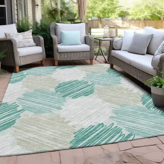 Teal Blue Ivory And Taupe Geometric Washable Indoor Outdoor Area Rug Photo 5