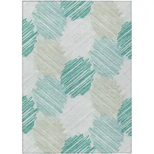 Photo of Teal Blue Ivory And Taupe Geometric Washable Indoor Outdoor Area Rug