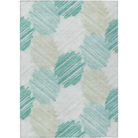 Teal Blue Ivory And Taupe Geometric Washable Indoor Outdoor Area Rug Photo 1