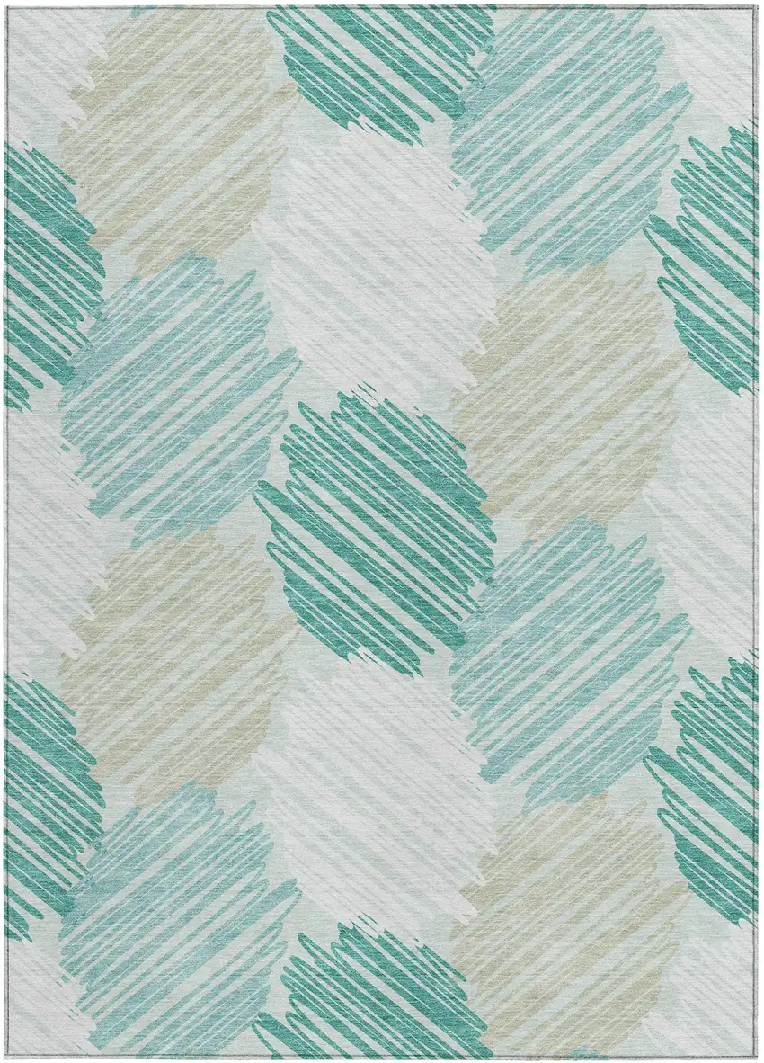 Teal Blue Ivory And Taupe Geometric Washable Indoor Outdoor Area Rug Photo 4
