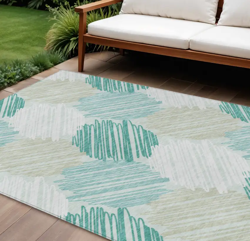 Teal Blue Ivory And Taupe Geometric Washable Indoor Outdoor Area Rug Photo 2
