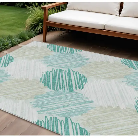 Teal Blue Ivory And Taupe Geometric Washable Indoor Outdoor Area Rug Photo 2