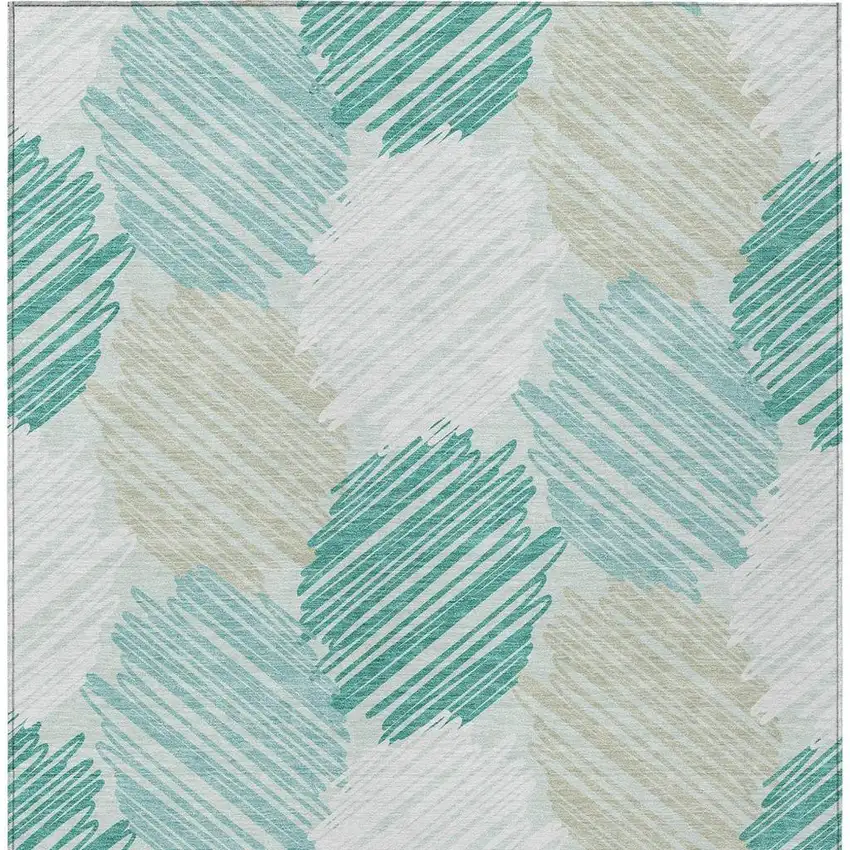 Teal Blue Ivory And Taupe Geometric Washable Indoor Outdoor Area Rug Photo 4