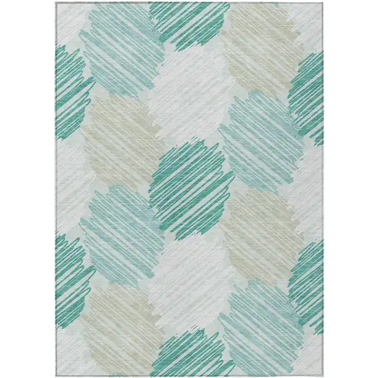 Teal Blue Ivory And Taupe Geometric Washable Indoor Outdoor Area Rug Photo 3