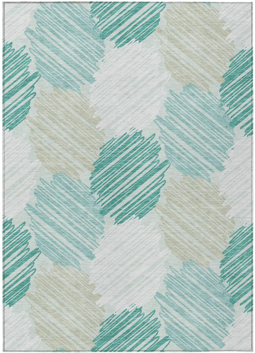 Teal Blue Ivory And Taupe Geometric Washable Indoor Outdoor Area Rug Photo 3