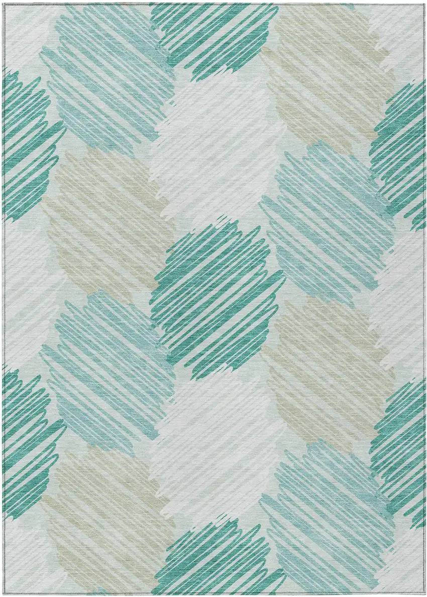 Teal Blue Ivory And Taupe Geometric Washable Indoor Outdoor Area Rug Photo 8