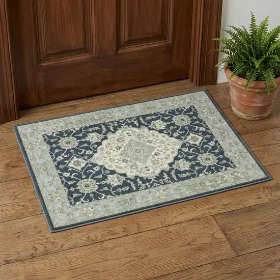 Teal Blue Ivory Green And Grey Oriental Power Loom Stain Resistant Area Rug Photo 1