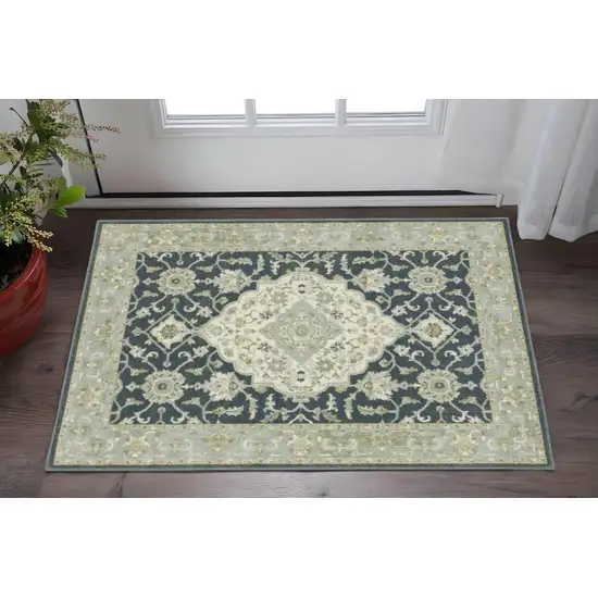 Teal Blue Ivory Green And Grey Oriental Power Loom Stain Resistant Area Rug Photo 2