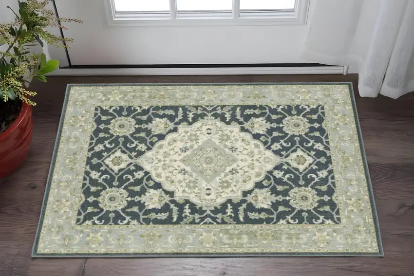 Teal Blue Ivory Green And Grey Oriental Power Loom Stain Resistant Area Rug Photo 2