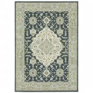 Photo of Teal Blue Ivory Green And Grey Oriental Power Loom Stain Resistant Area Rug