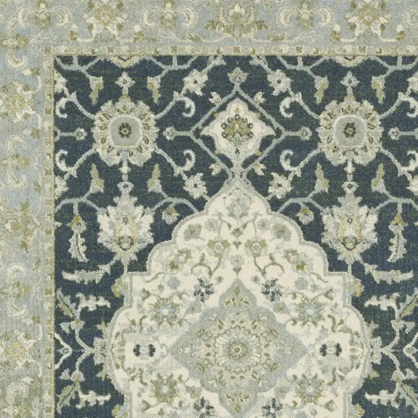 Teal Blue Ivory Green And Grey Oriental Power Loom Stain Resistant Area Rug Photo 6