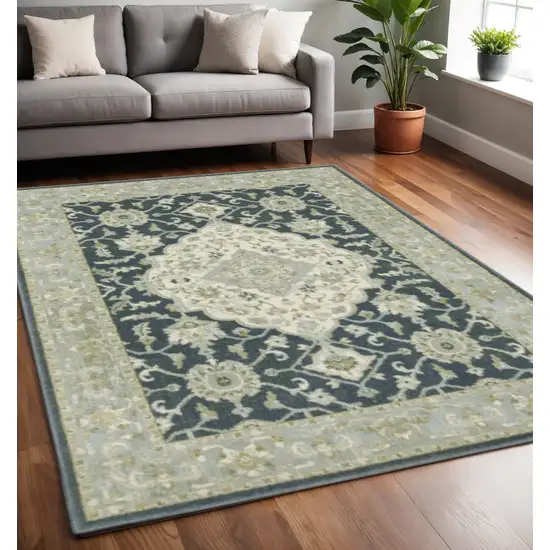 Teal Blue Ivory Green And Grey Oriental Power Loom Stain Resistant Area Rug Photo 2