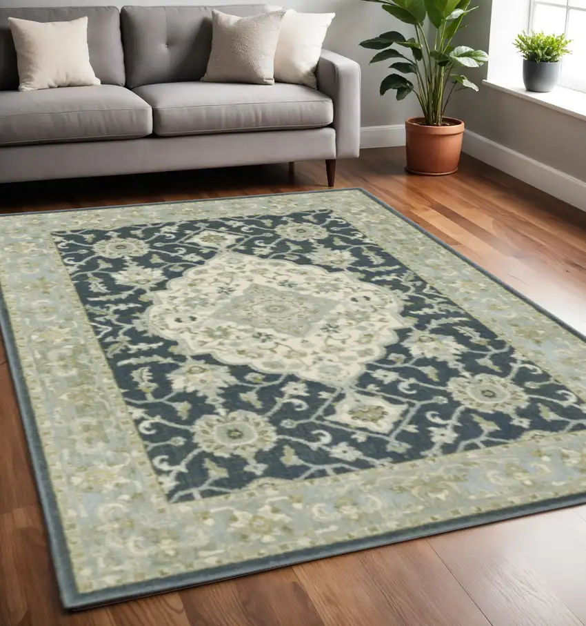 Teal Blue Ivory Green And Grey Oriental Power Loom Stain Resistant Area Rug Photo 2