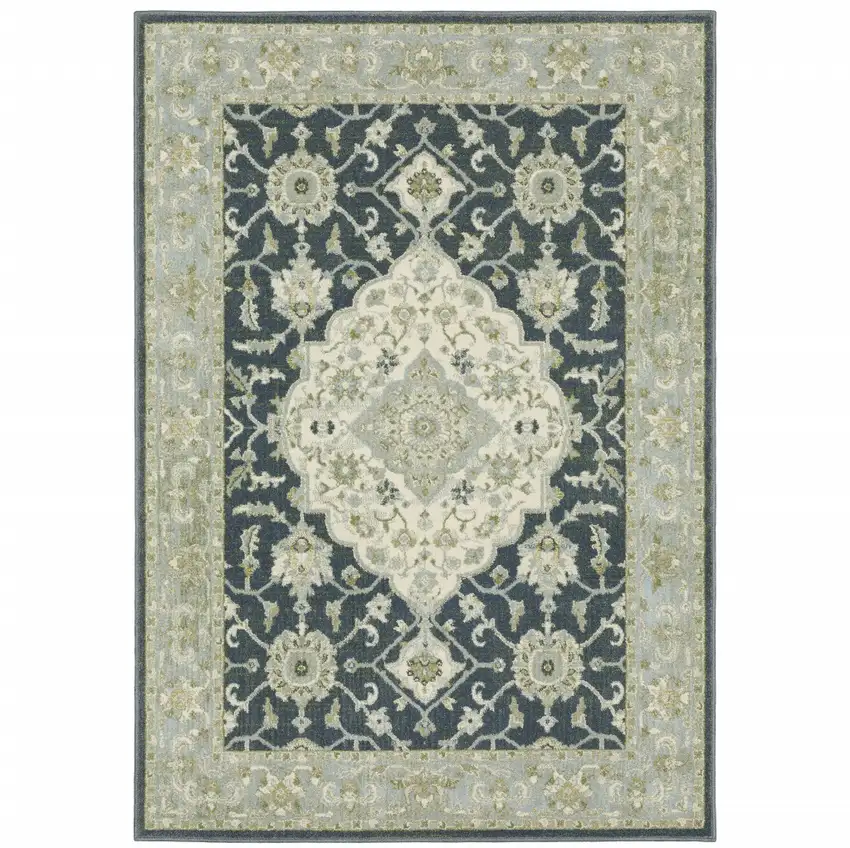 Teal Blue Ivory Green And Grey Oriental Power Loom Stain Resistant Area Rug Photo 2