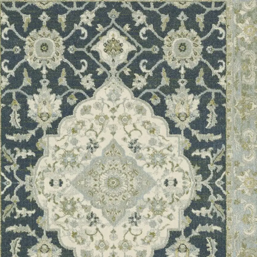 Teal Blue Ivory Green And Grey Oriental Power Loom Stain Resistant Area Rug Photo 6