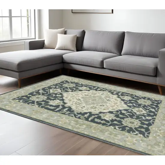 Teal Blue Ivory Green And Grey Oriental Power Loom Stain Resistant Area Rug Photo 2