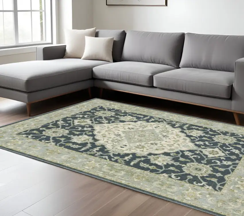 Teal Blue And Ivory Oriental Distressed Area Rug Photo 1