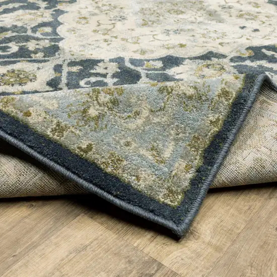 Teal Blue Ivory Green And Grey Oriental Power Loom Stain Resistant Runner Rug Photo 7