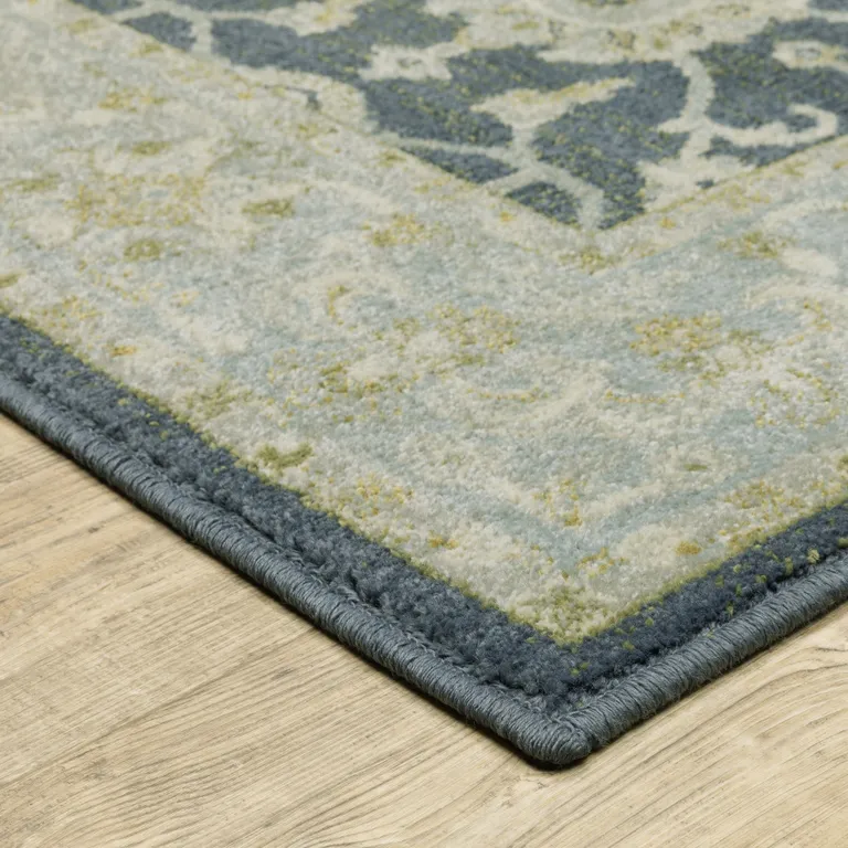 Teal Blue Ivory Green And Grey Oriental Power Loom Stain Resistant Runner Rug Photo 4