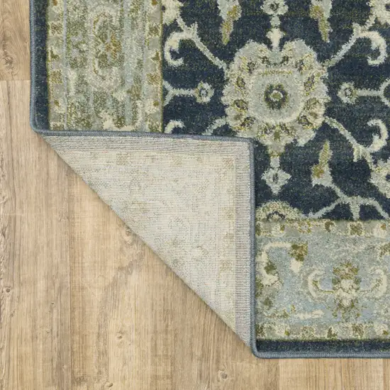 Teal Blue Ivory Green And Grey Oriental Power Loom Stain Resistant Runner Rug Photo 6