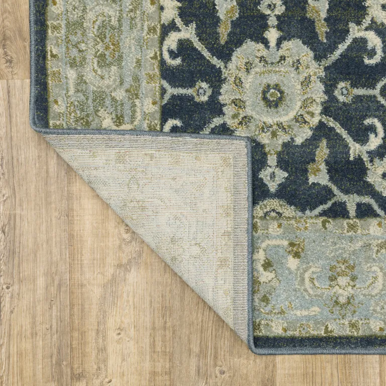 Teal Blue Ivory Green And Grey Oriental Power Loom Stain Resistant Runner Rug Photo 5