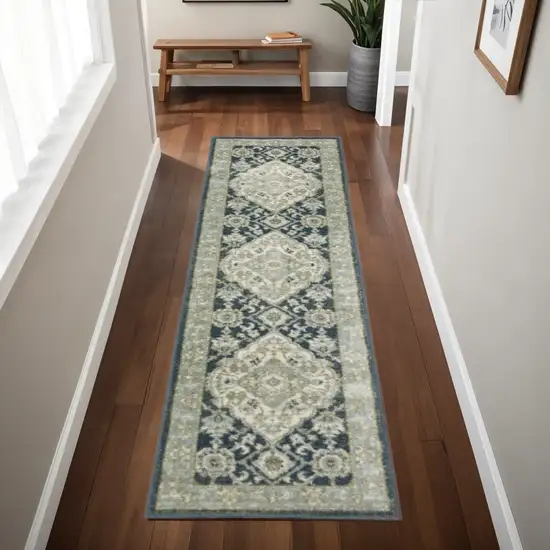 2' X 8' Teal Blue Ivory Green And Grey Oriental Power Loom Stain Resistant Runner Rug Photo 1