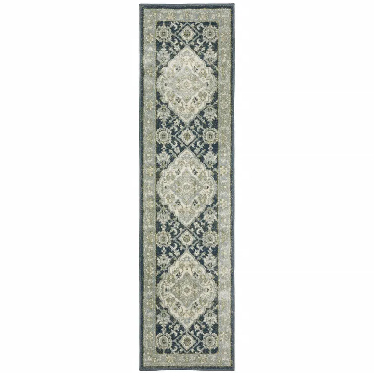 Teal Blue Ivory Green And Grey Oriental Power Loom Stain Resistant Runner Rug Photo 1