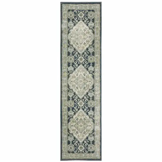 Teal Blue Ivory Green And Grey Oriental Power Loom Stain Resistant Runner Rug Photo 1