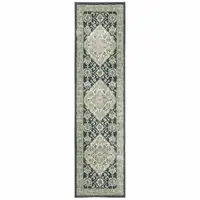 Photo of Teal Blue Ivory Green And Grey Oriental Power Loom Stain Resistant Runner Rug