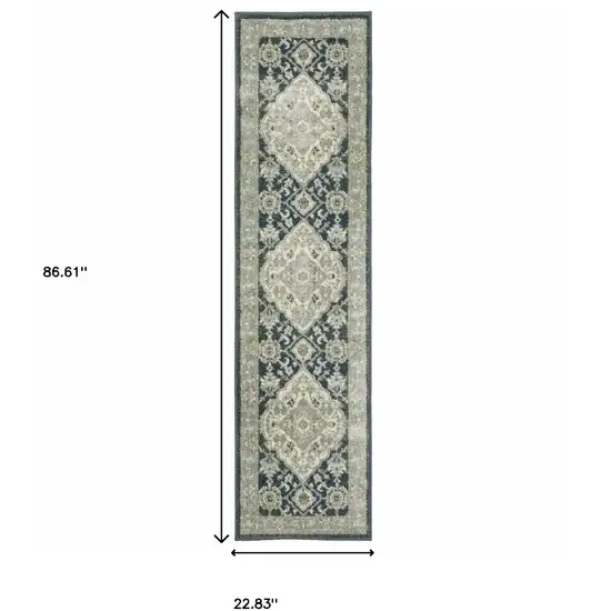 Teal Blue Ivory Green And Grey Oriental Power Loom Stain Resistant Runner Rug Photo 8