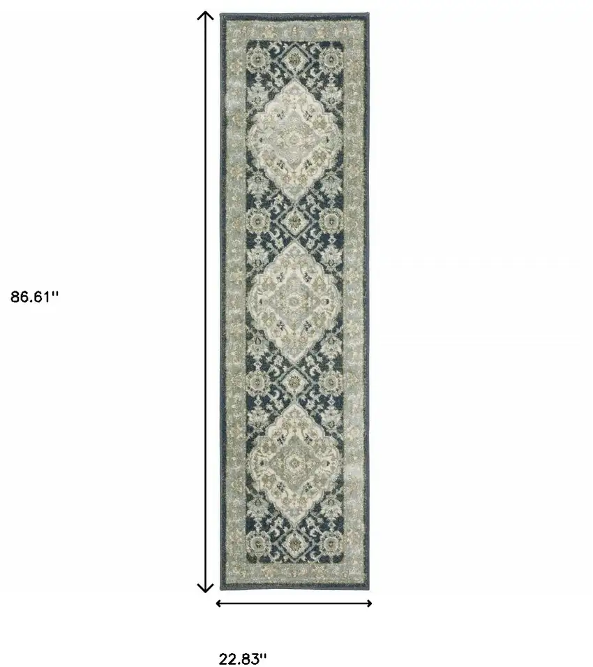 Teal Blue Ivory Green And Grey Oriental Power Loom Stain Resistant Runner Rug Photo 8