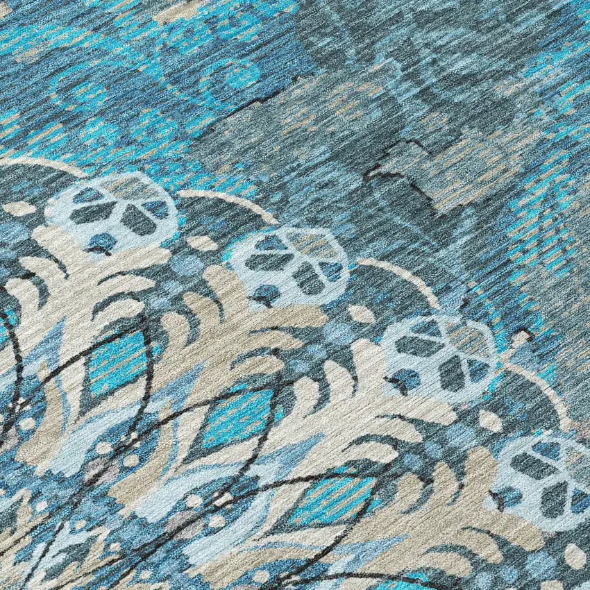 Teal Blue Khaki And Ivory Paisley Washable Indoor Outdoor Area Rug Photo 6