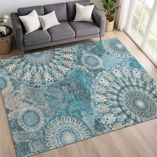 Teal Blue Khaki And Ivory Paisley Washable Indoor Outdoor Area Rug Photo 8