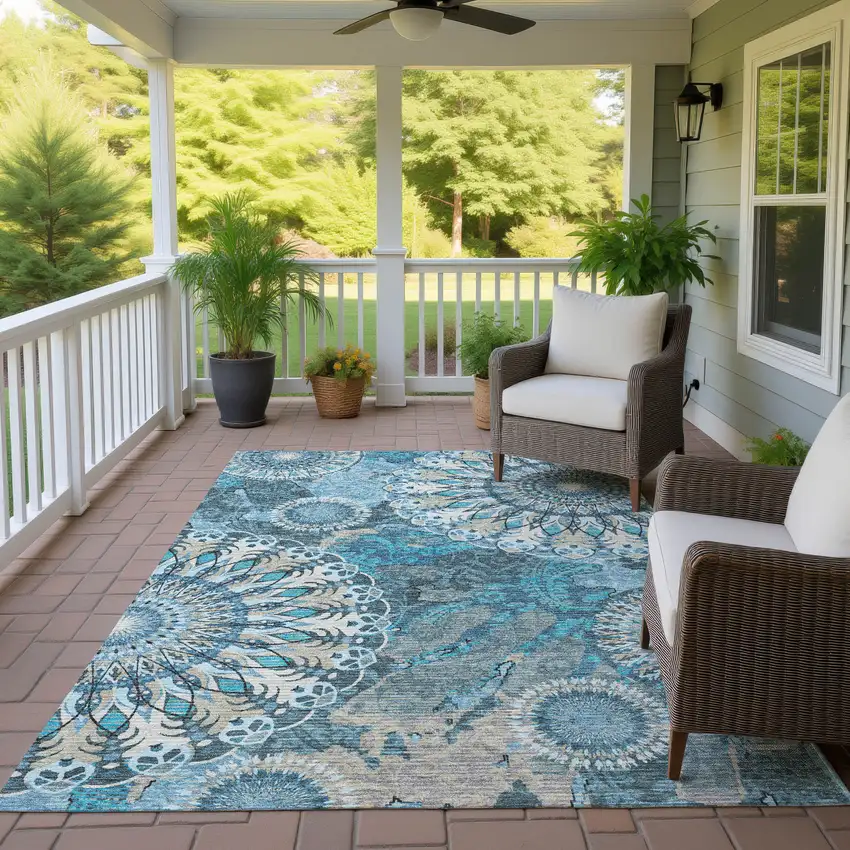 Teal Blue Khaki And Ivory Paisley Washable Indoor Outdoor Area Rug Photo 9