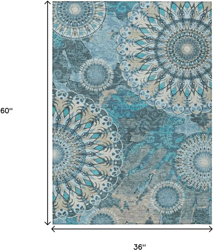 Teal Blue Khaki And Ivory Paisley Washable Indoor Outdoor Area Rug Photo 3