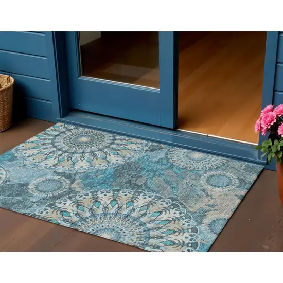 Teal Blue Khaki And Ivory Paisley Washable Indoor Outdoor Area Rug Photo 1