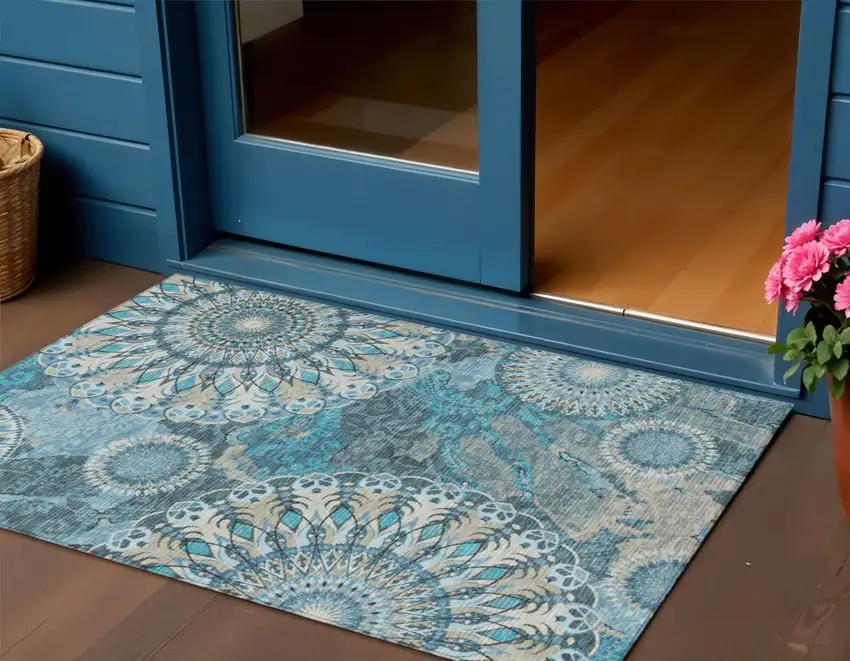Teal Blue Khaki And Ivory Paisley Washable Indoor Outdoor Area Rug Photo 1