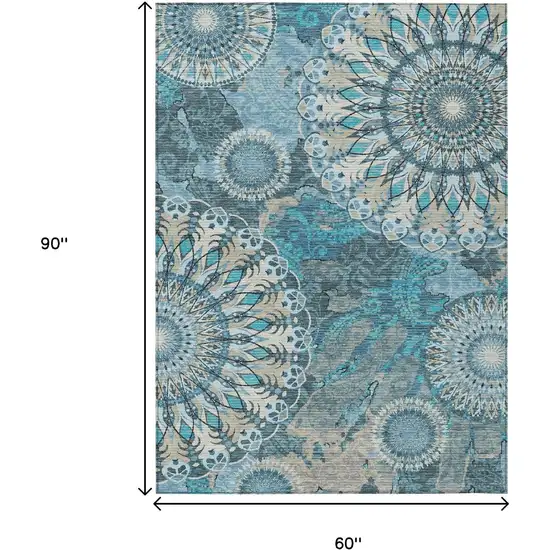 Teal Blue Khaki And Ivory Paisley Washable Indoor Outdoor Area Rug Photo 3