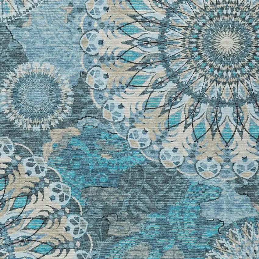 Teal Blue Khaki And Ivory Paisley Washable Indoor Outdoor Area Rug Photo 7