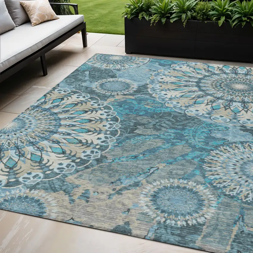 Teal Blue Khaki And Ivory Paisley Washable Indoor Outdoor Area Rug Photo 1