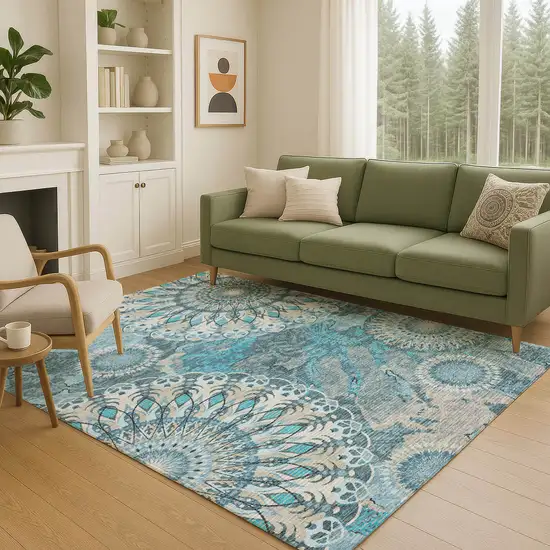 Teal Blue Khaki And Ivory Paisley Washable Indoor Outdoor Area Rug Photo 9