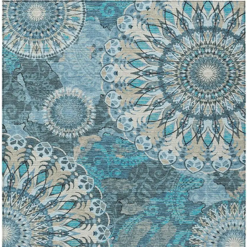Teal Blue Khaki And Ivory Paisley Washable Indoor Outdoor Area Rug Photo 6