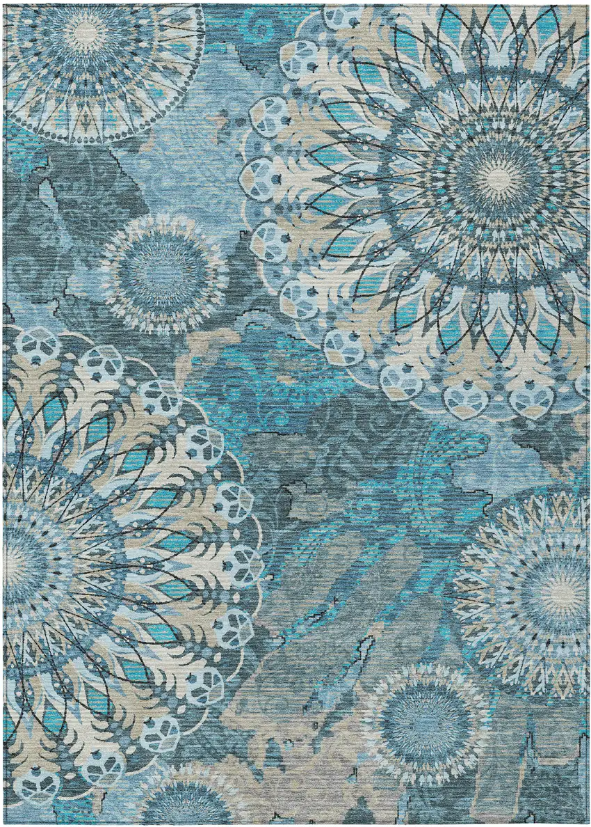 Teal Blue Khaki And Ivory Paisley Washable Indoor Outdoor Area Rug Photo 2