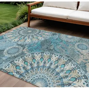 Photo of Teal Blue Khaki And Ivory Paisley Washable Indoor Outdoor Area Rug
