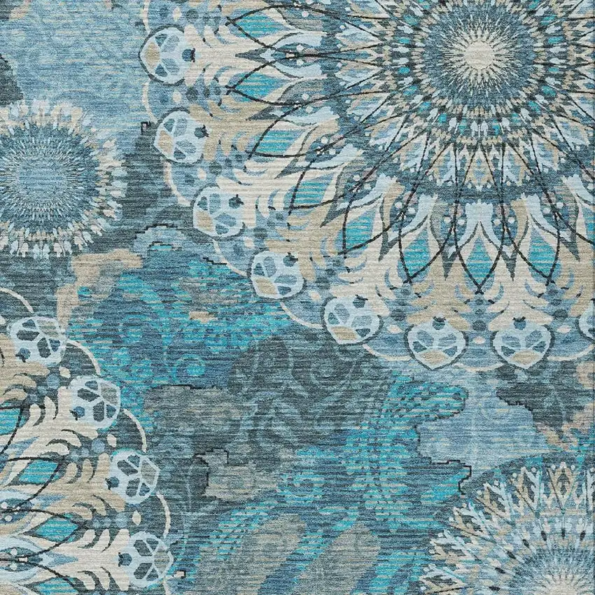 Teal Blue Khaki And Ivory Paisley Washable Indoor Outdoor Area Rug Photo 7