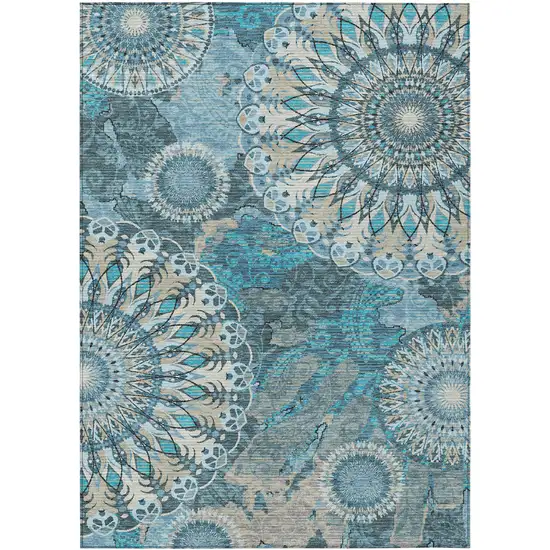 Teal Blue Khaki And Ivory Paisley Washable Indoor Outdoor Area Rug Photo 2